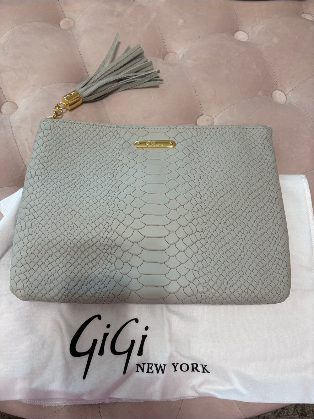 GiGi New York Light Grey Python-Embossed Leather Clutch with Tassel